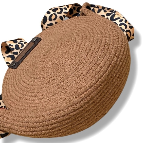 Beata Jute Rope Round Crossbody Bag with Leopard Print Strap Size 11” x 8” Boho